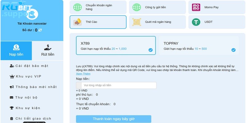 Nạp tiền RGbet qua mệnh giá thẻ cào đơn giản mà tiện lợi