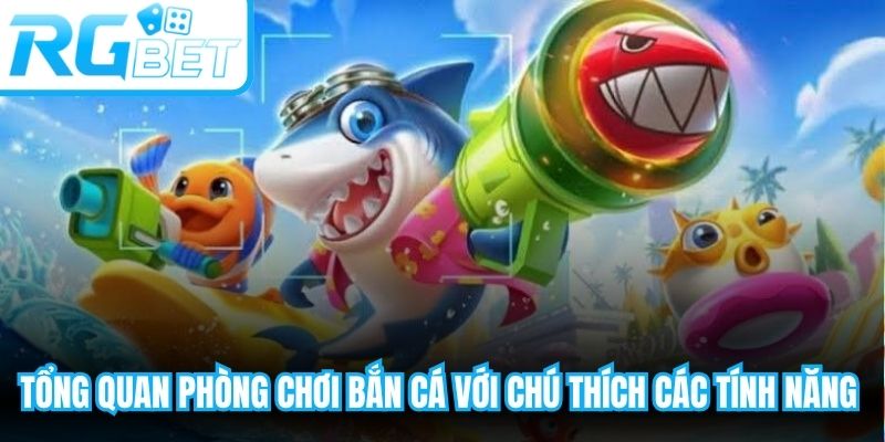 Tổng quan phòng chơi bắn cá với chú thích các tính năng và thuật ngữ quan trọng